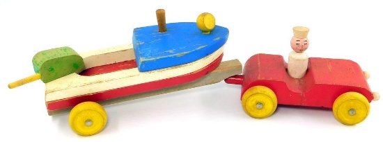 Vintage Wooden Toy Vehicle, Motorboat and Trailer