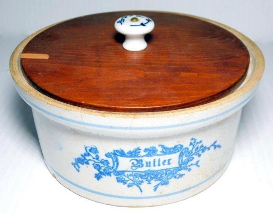 Stoneware Butter Crock w/ Wooden Lid