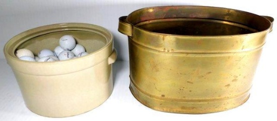 Stoneware Pfaltzgraff Crock, Bronze Boiler, and Metal Bag Decor