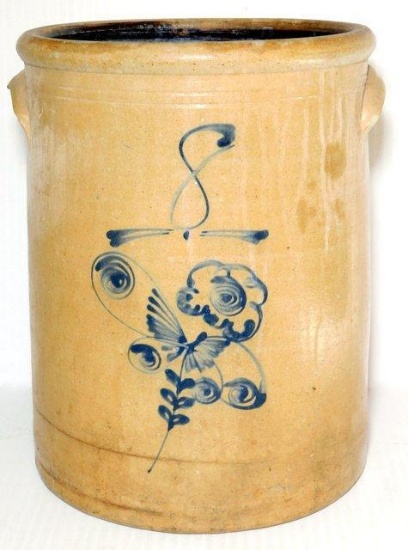 Antique Stoneware 8 Gallon Crock w/ Cobalt Blue Flower and Butterfly Design