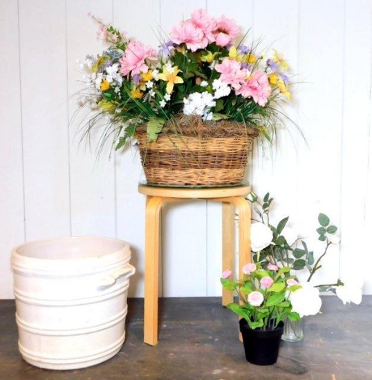 Stoneware Crock, Plant Stand, and Faux Floral Decorative Collection