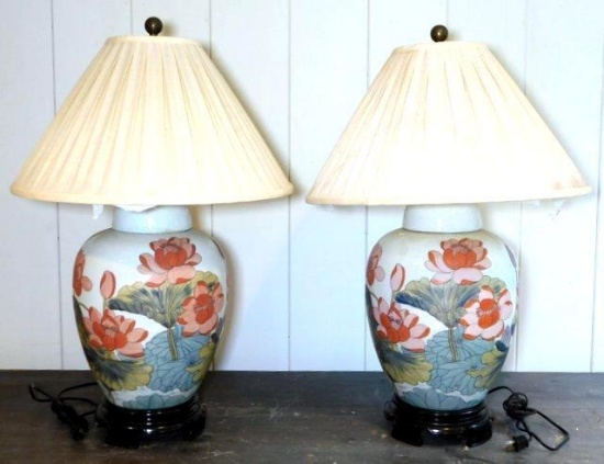 Pair of Porcelain Floral Design Table Lamps