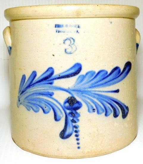 Evan R. Jones Pittston PA 3-Gallon Floral Decorated Crock, c. 1880