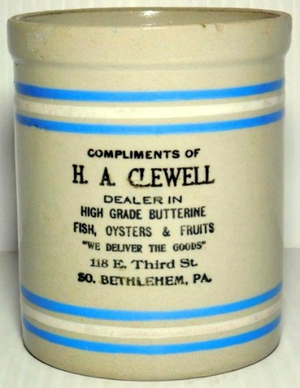 Stoneware by A.D. Graham & Co., Advertising H.A. Clewell So. Bethlehem, PA Crock