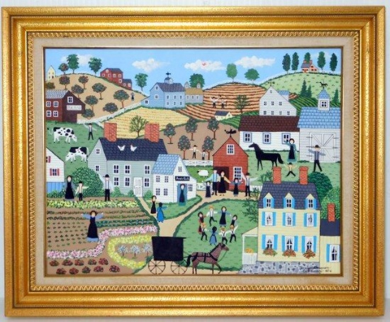 Cate Mandigo Oil on Canvas 'Pennsylvania Happiness' Artwork, Framed, 1989