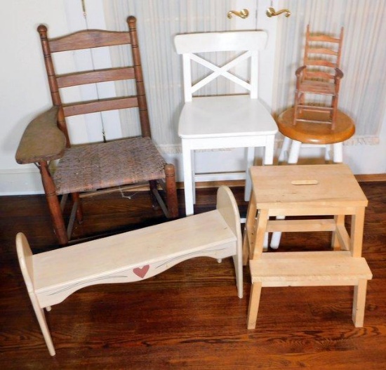 Grouping of Various Chairs, Bench, and Stool, Six (6)