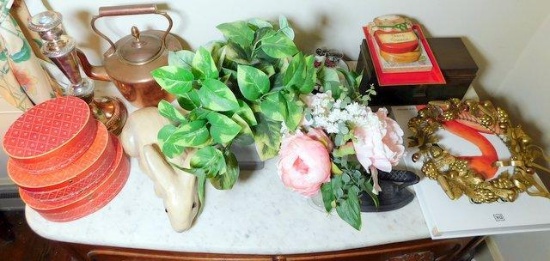 Grouping of Various Decorative Pieces, Including Copper Teapot