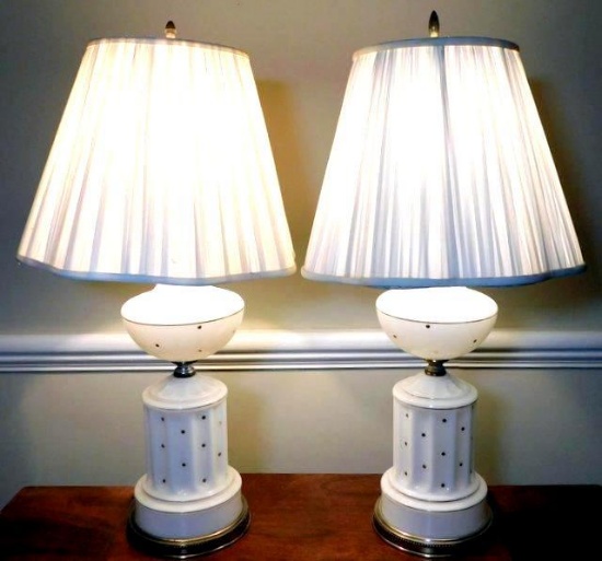 Pair of White Porcelain w/Polka Dot Table Lamps