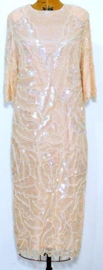 Vintage Megan Barrett Sequin Beaded Silk Evening Gown, Made in India