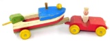 Vintage Wooden Toy Vehicle, Motorboat and Trailer