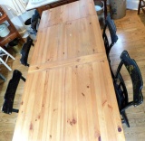 Vintage Country Style Pine Dining Room Table w/ Five Black Stenciled Chairs