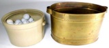 Stoneware Pfaltzgraff Crock, Bronze Boiler, and Metal Bag Decor