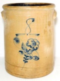 Antique Stoneware 8 Gallon Crock w/ Cobalt Blue Flower and Butterfly Design