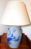 Rowe Pottery Works Cobalt Blue Bird Design Crock Lamp, 1984
