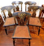 Grouping of Matching Stenciled Caned Wood Dining Table Chairs, (5)