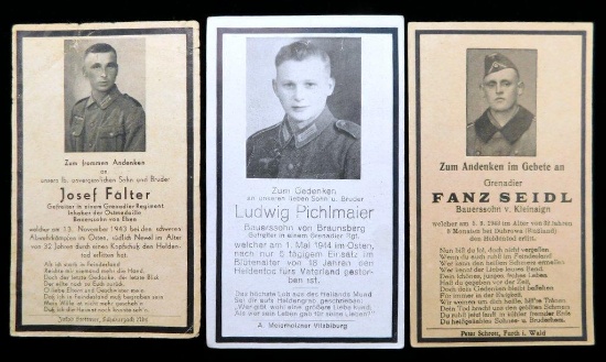 German WWII Military KIA Soldier Death Cards, Three (3)
