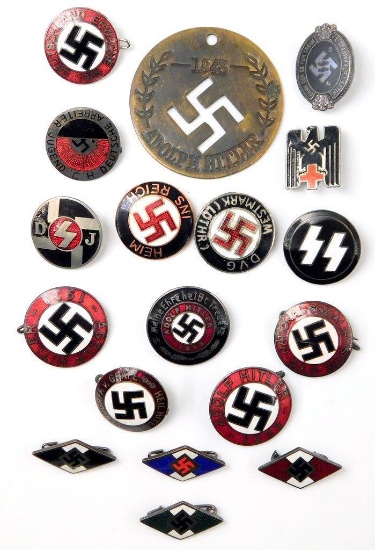 German WWII Enameled Party Lapel Badges, Group of Seventeen (17)