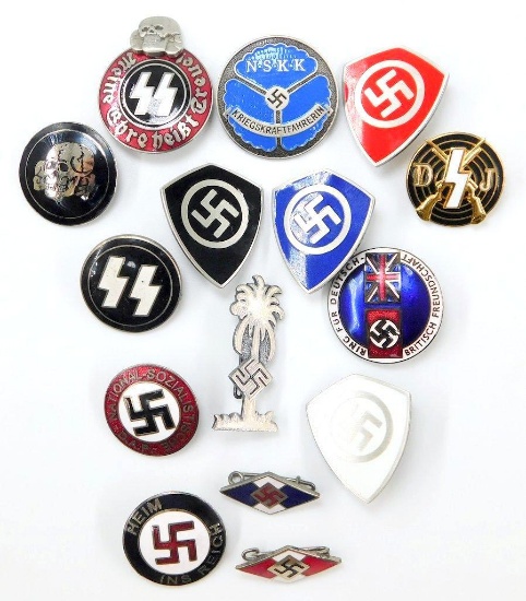 German WWII Enameled Party Lapel Badges, Group of Fifteen (15)
