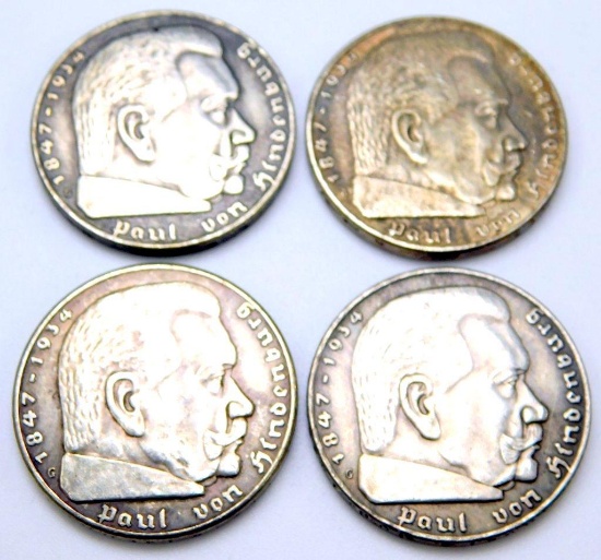 German WWII Chancellor Paul von Hindenburg 5 Mark Silver Coins