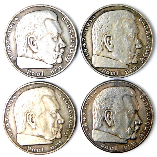 German WWII Chancellor Paul von Hindenburg 5 Mark Silver Coins, Four (4)