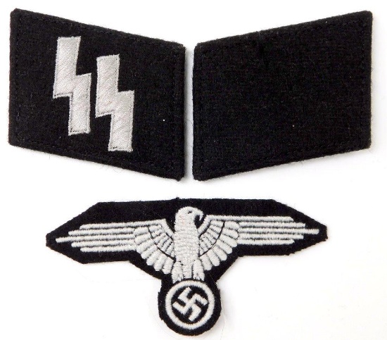 Pair of German WWII Waffen SS EM Collar Tabs and Waffen SS EM Sleeve Eagle