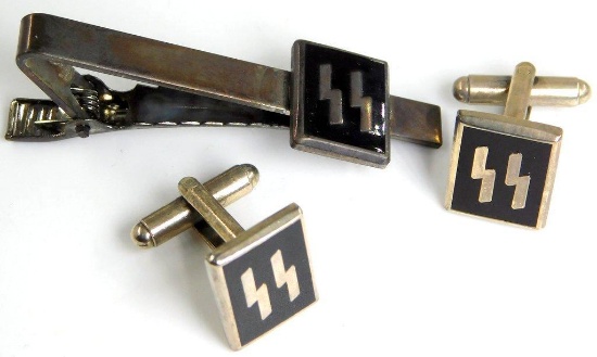 Pair of German WWII Waffen SS Officer Cuff Links and Tie Bar