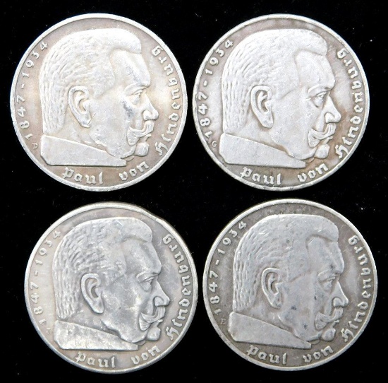 German WWII Chancellor Paul von Hindenburg 5 Mark Silver Coins, Four (4)