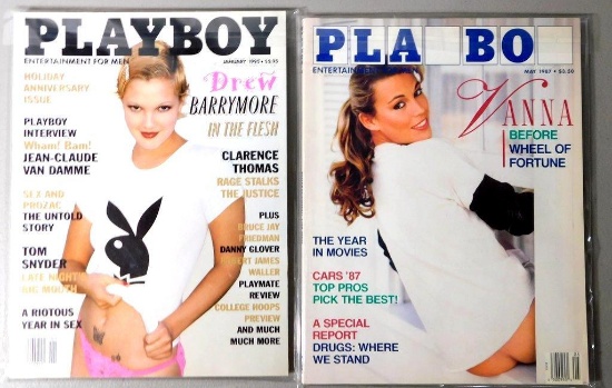 Two Playboy Magazines Featuring Drew Barrymore (1995) and Vanna White (1987)