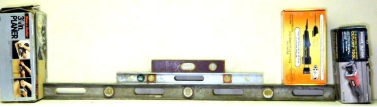 Tools Including Black & Decker Planer, Levels, and Power Tools