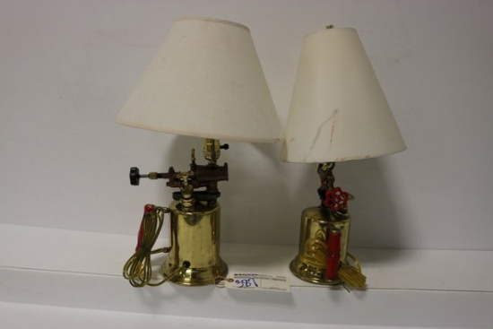 2 brass torch end table lamps with shades