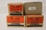 Lionel 6411 flat car - 6257 caboose - 3656 cattle car - 3464 car