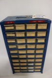 36 bin cabinet: Lionel parts, clips, pins, rollers, screws, nuts