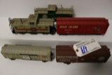 Box of 3 box cars & 2 cabooses - unknown manufacturer