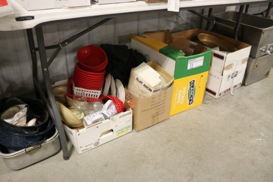 Food baskets, roasting pans, misc. under table