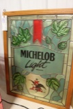 Michelob Light hanging leaded glass style - plastic  display with oak frame