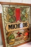 Michelob hanging leaded glass style - plastic  display with oak frame