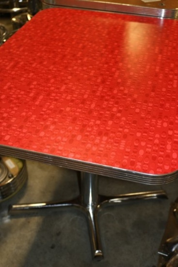 4) 24" x 32" red patterned Formica top tables with chrome edge