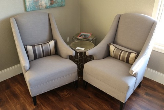 Grey tweed room chairs w/ 2 18" round lamp tables