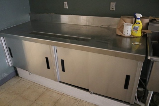84" Delfield stainless waitress station w/ 4 sliding doors & double under s