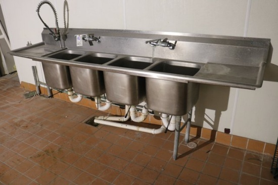 Advance 108" Stainless 4 bin sink w/ drain boards & pre rinse
