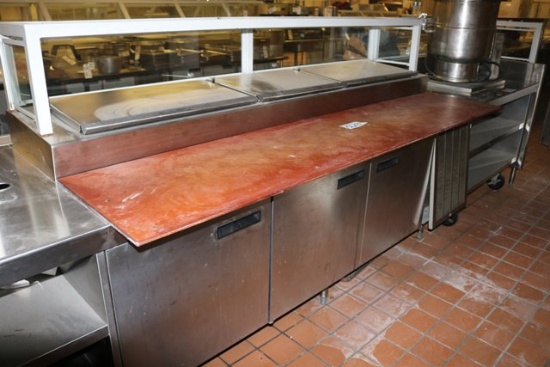 Delfield 90" 3 door raised rail pizza make table w/ glass sneeze guard - cu