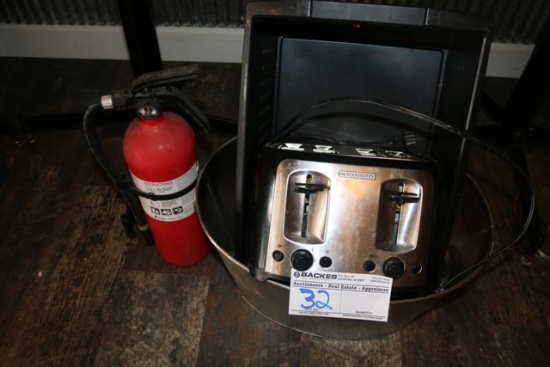 Toaster, fire extinguisher, pail