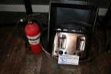 Toaster, fire extinguisher, pail