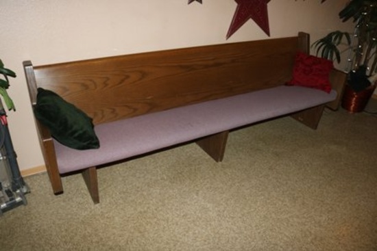 8' Oak church pew w/ padded tweed seat