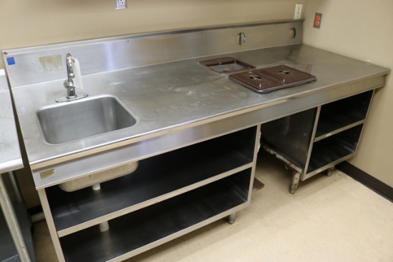 32" x 85" custom stainless water fill station with stainless under shelves