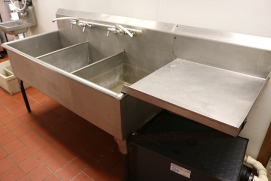 26" x 60" stainless 3 bin sink with right hand attached drain board