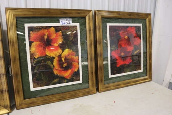 Times - 2 - 34" x 37" Orange & Red Gold Framed Floral Prints