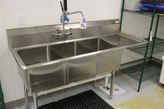69" 3 Bin stainless steel sink with right drain board and pre rinse