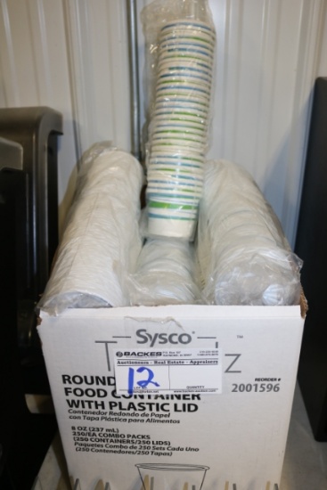 Box of Sysco round paper 8oz. food containers with plastic lids