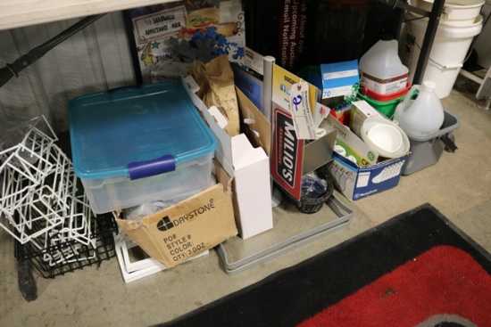 Cleaning supplies, light bulbs, racks, related items